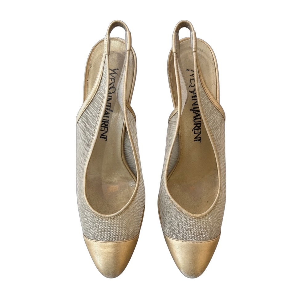 Yves Saint Laurent Metallic Gold and Beige Slingback Mules